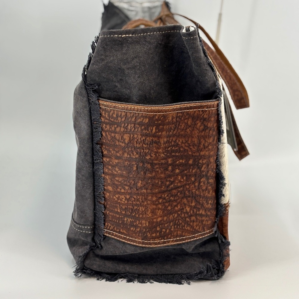 Myra Asher Weekender Bag Womens Large Brown Cowhide Leather Canvas S-6780 NWT - Picture 9 of 14